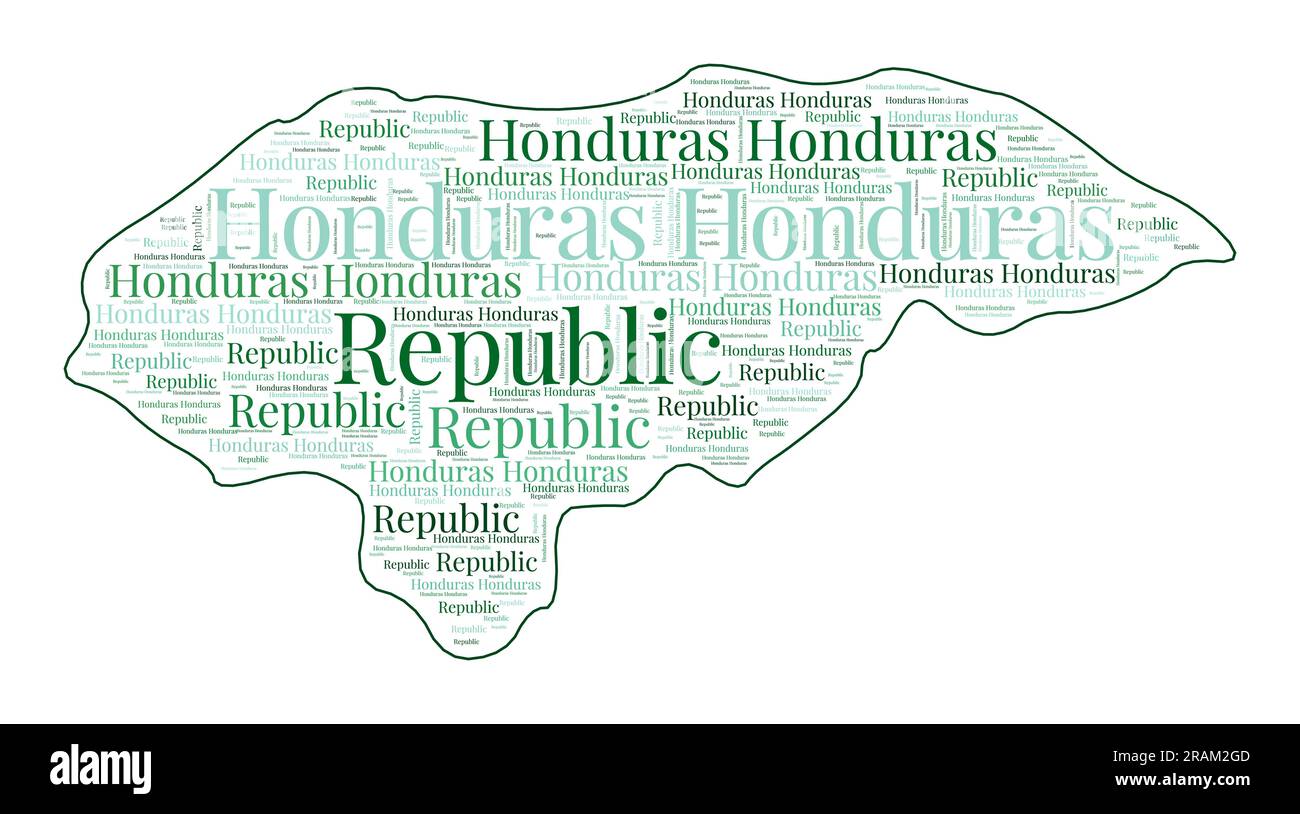 Honduras shape filled with country name in many languages. Honduras map in word cloud style. Trendy vector illustration. Stock Vector
