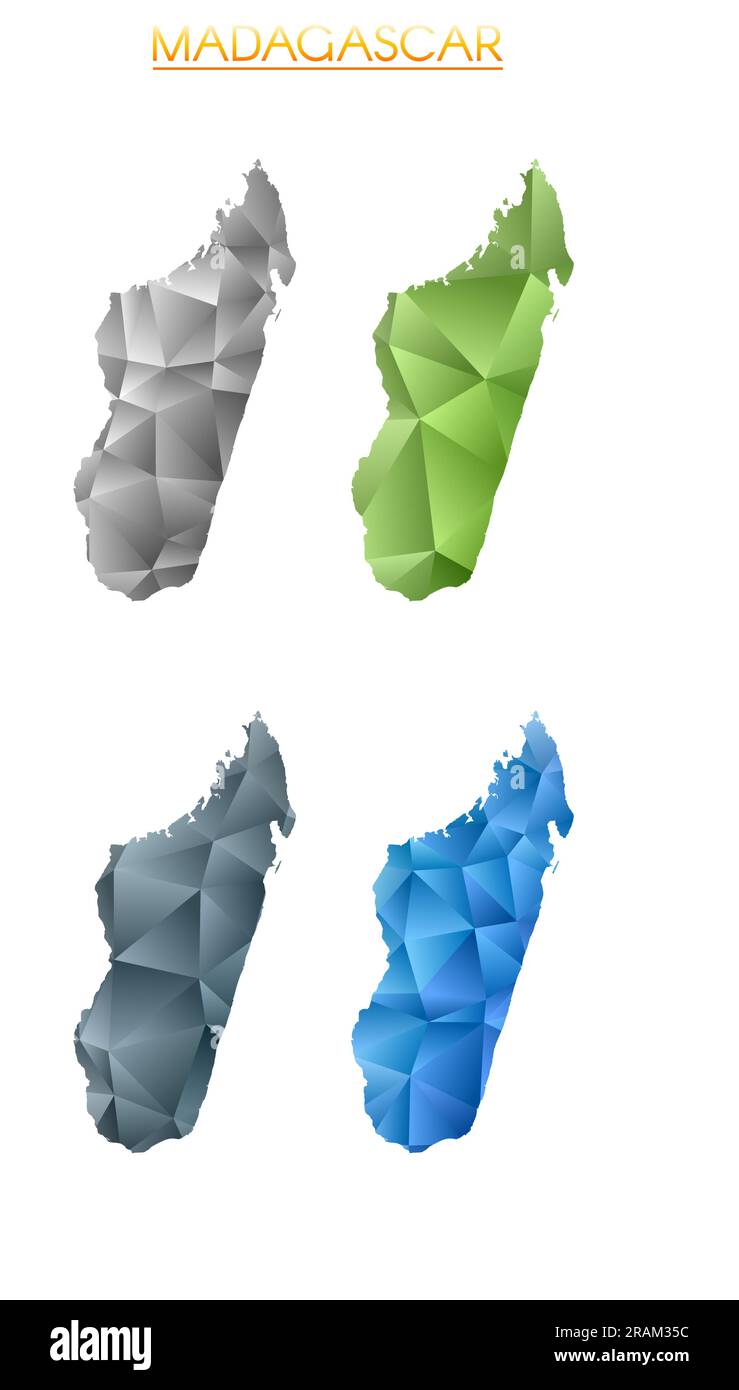 Set of vector polygonal maps of Madagascar. Bright gradient map of country in low poly style. Multicolored Madagascar map in geometric style for your Stock Vector