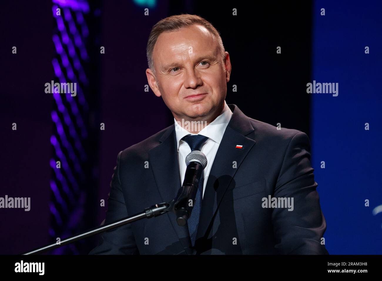 Andrzej Duda, President of the Republic of Poland speaks during the Opening Ceremony at the European Games Esports Championships 2023 Stock Photo