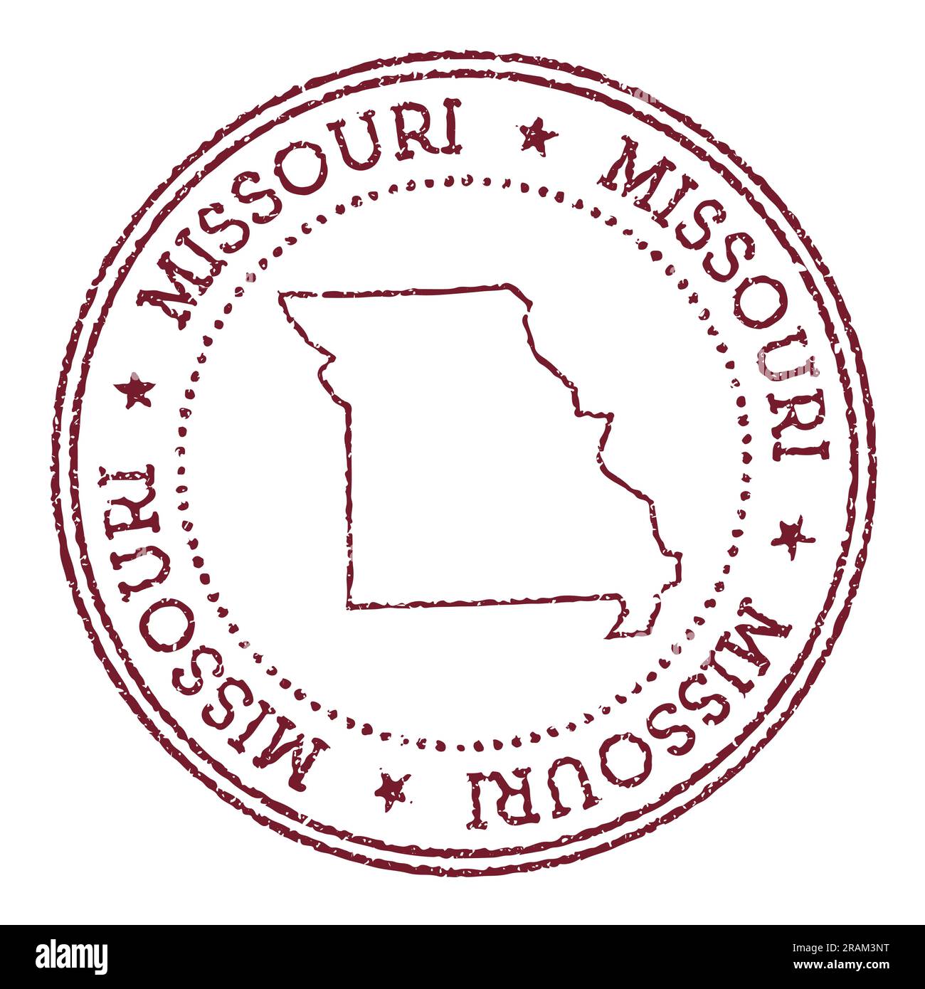 Missouri round rubber stamp with us state map. Vintage red passport stamp with circular text and