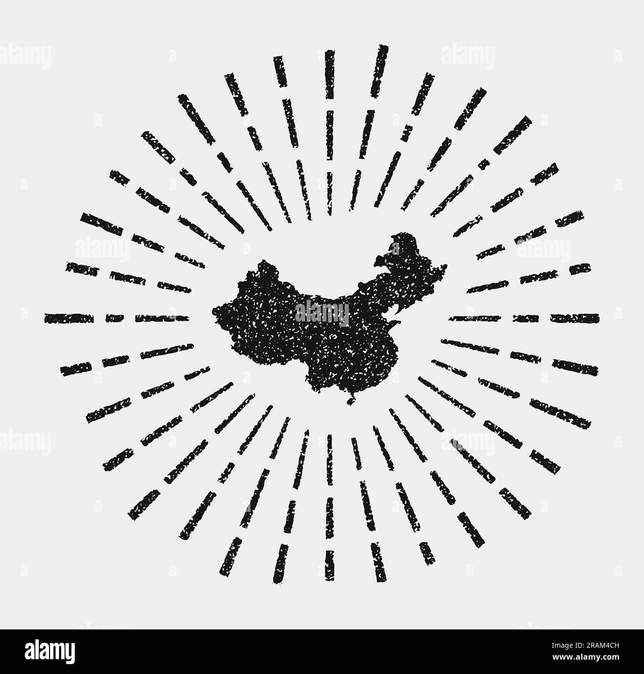 Vintage map of China. Grunge sunburst around the country. Black China shape with sun rays on white background. Vector illustration. Stock Vector