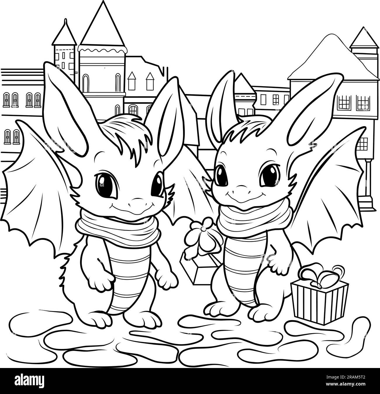 Two cute baby dragons.Simple linear illustration for coloring.Dragon year 2024 coloring page Stock Vector