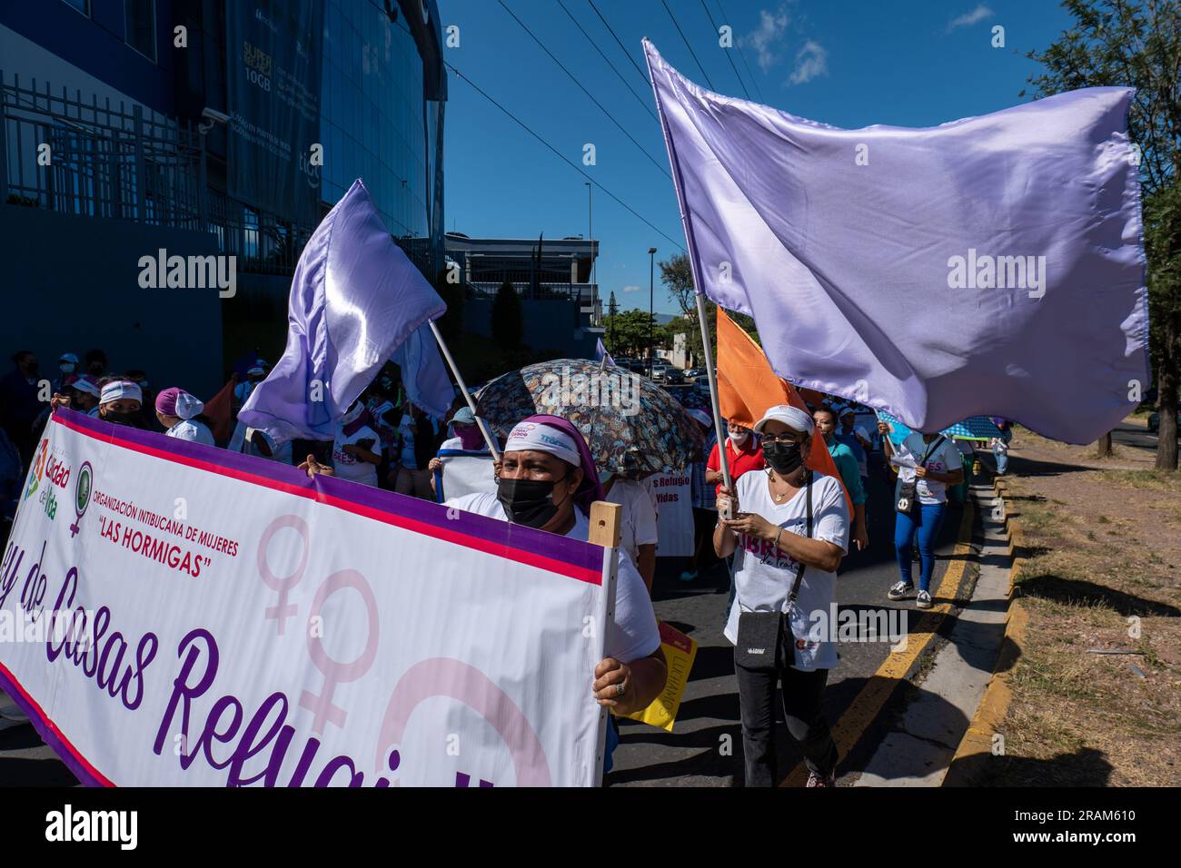 Tegucigalpa, Francisco Morazan, Honduras - November 25, 2022: Several Women with Flags March for the International Day for the Elimination of Violence Stock Photo