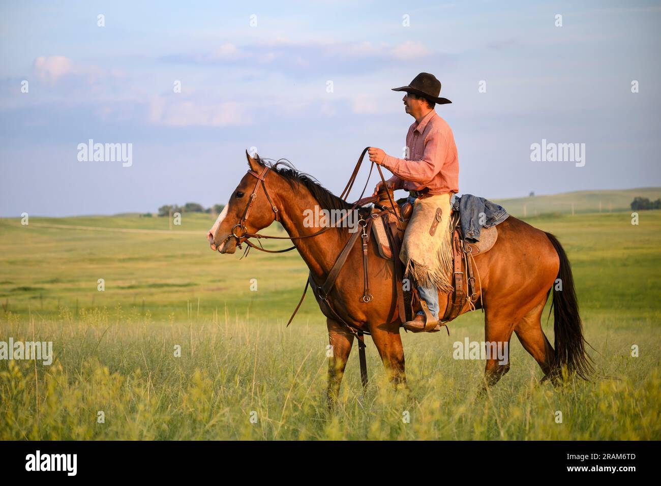 Kyle on horseback, Dennis Ranch, Red Owl, South Dakota. Stock Photo