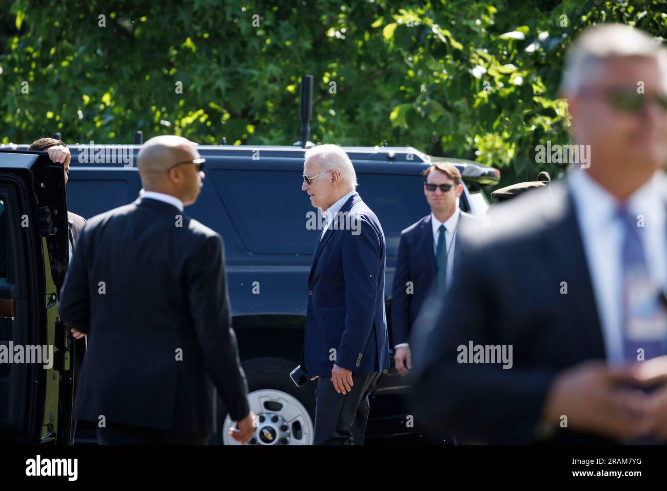 Washington, United States. 04th July, 2023. US President Joe Biden arrives at Fort Lesley J. McNair in Washington, DC, US, on Tuesday, July 4, 2023. The US Supreme Court last week tossed out Biden's plan to slash the student debt of more than 40 million people, rejecting one of his signature initiatives as exceeding his power. Photographer: Ting Shen/Pool/Sipa USA Credit: Sipa USA/Alamy Live News Stock Photo