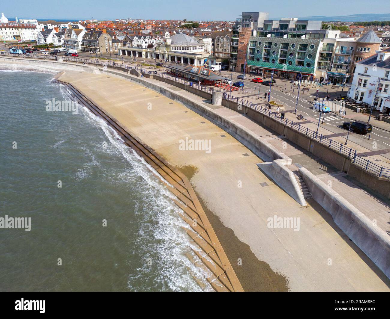 Porthcawl, Wales - 9 June 2023: Aerial view of the concrete platform in front of the promenade of the town of Porthcawl in south Wales. Stock Photo