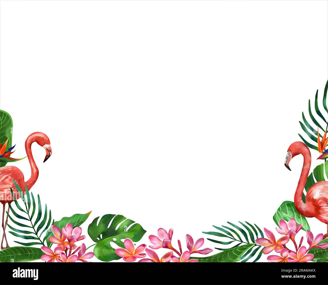 Summer tropical background with flamingos, monstera leaves and plumeria ...