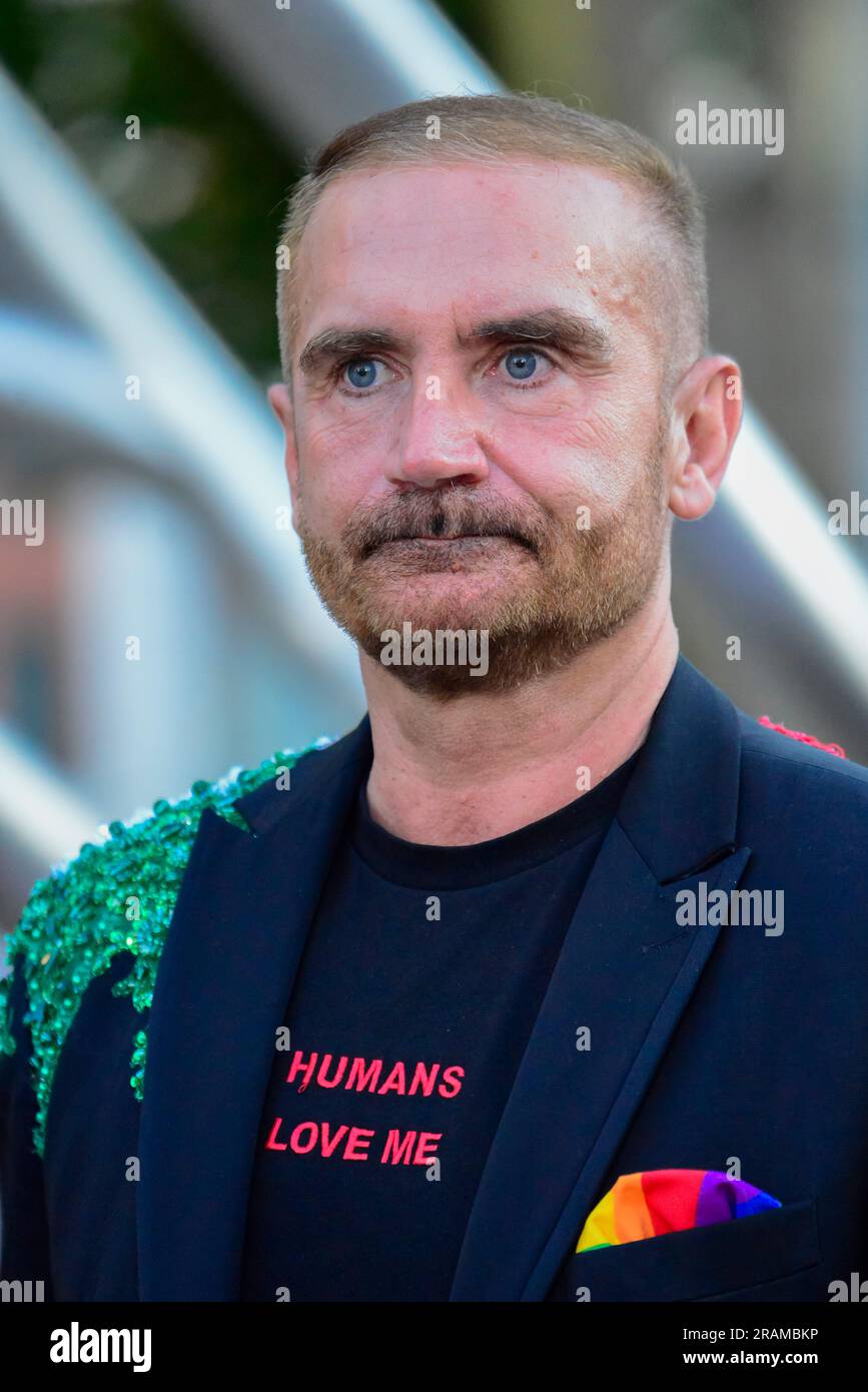 Euprepio Padula, presenter and journalist, attended the Mr Gay Spain 2023 Gala posing for the media during the pre event photocall in Plaza de España, Stock Photo