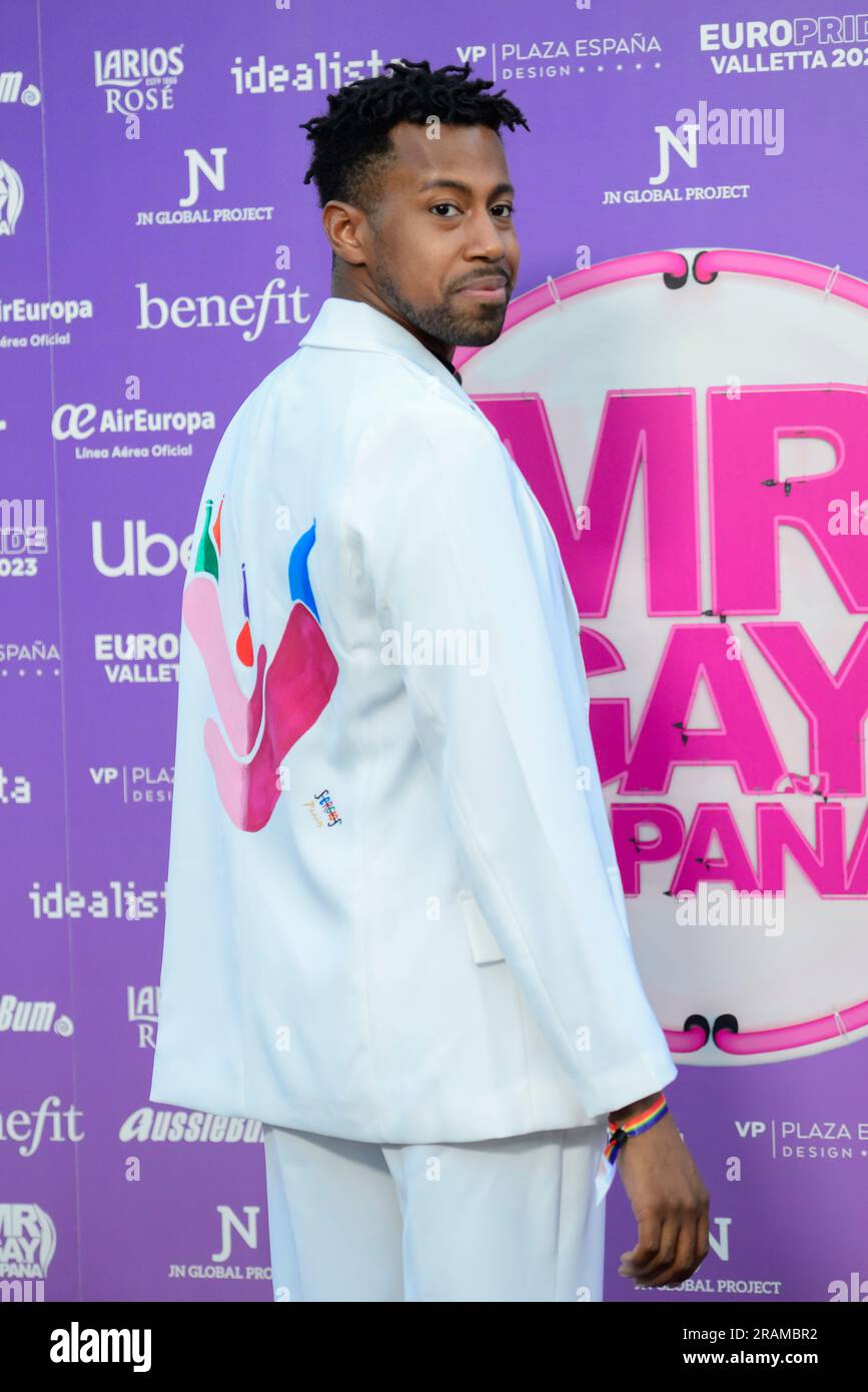 Ronny De La Cruz, President COGAM, attended the Mr Gay Spain 2023 Gala posing for the media during the pre event photocall in Plaza de España, Madrid Stock Photo
