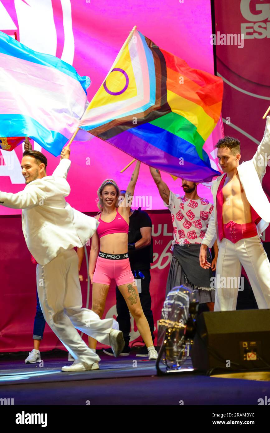 Intersex rainbow pride flag on stage during the introduction before  Mr Gay Spain 2023 Gala pageant, Madrid Spain. Stock Photo
