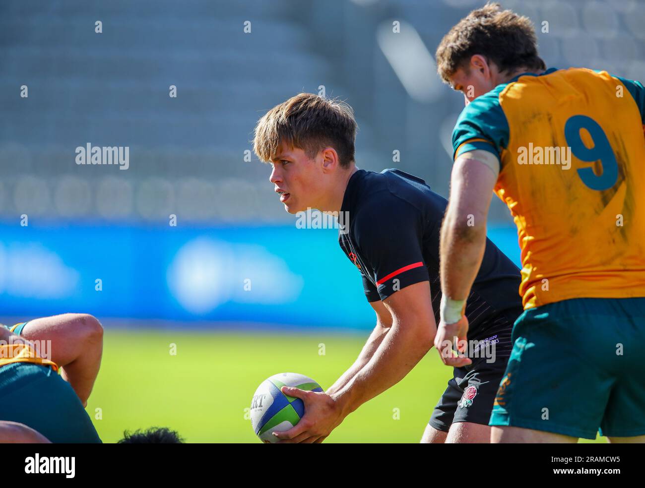 Cape Town, SOUTH AFRICA - Tuesday 04 July 2023, Charlie Bracken of England about to feed the ball into the scrum during the World Rugby U20 Championship match between Australia and England at Athlone Stadium in Cape Town, South Africa. Stock Photo