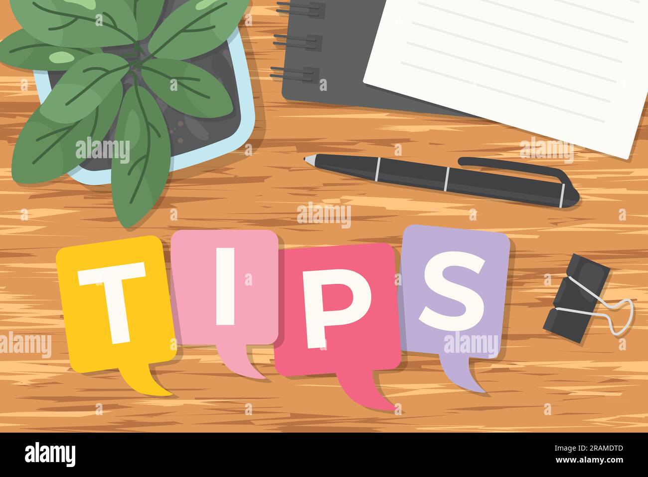 tips word written on colorful speech bubbles, flat lay desk view