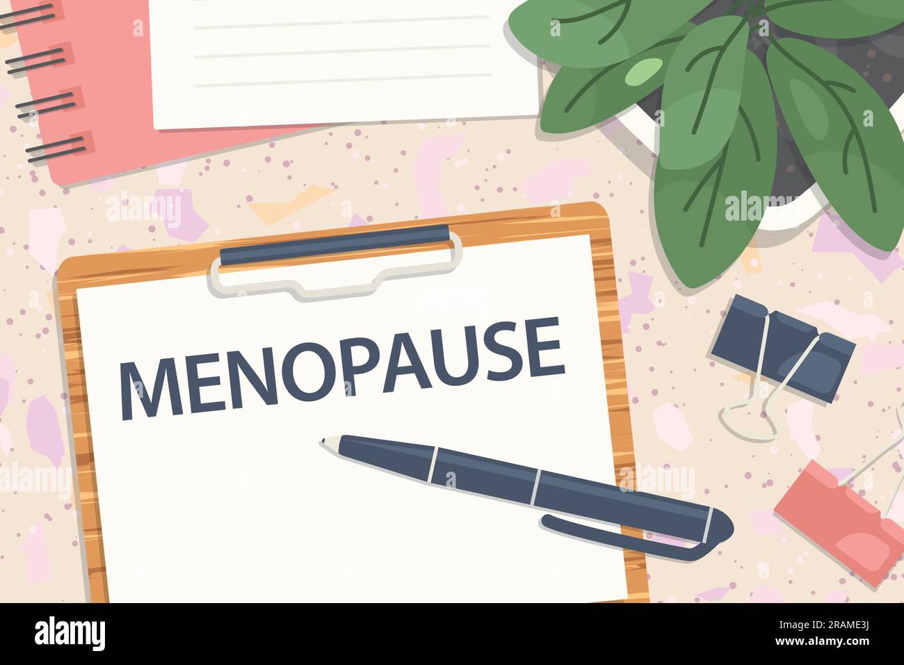 menopause written on clipboard, flat lay composition on terrazzo table- vector illustration Stock Vector