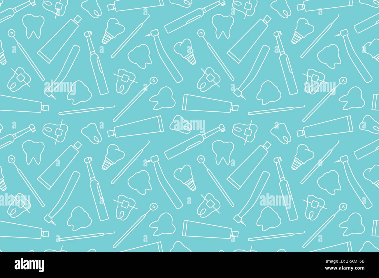 seamless pattern with dental pattern, toothbrush, implant, tooth bracket, paste, dentist tools outline icons- vector illustration Stock Vector