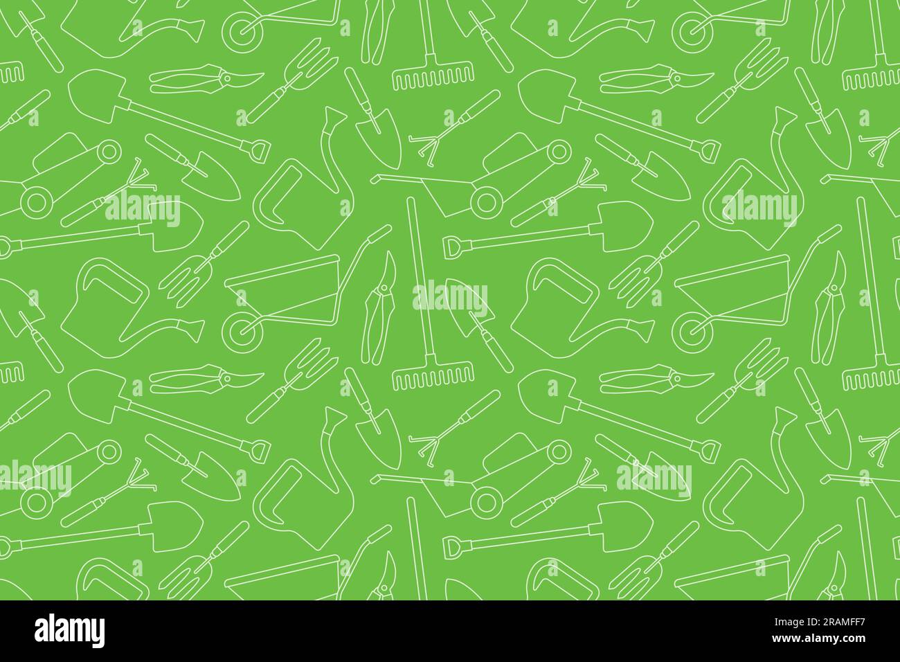 green seamless pattern with gardening tools- vector illustration Stock Vector