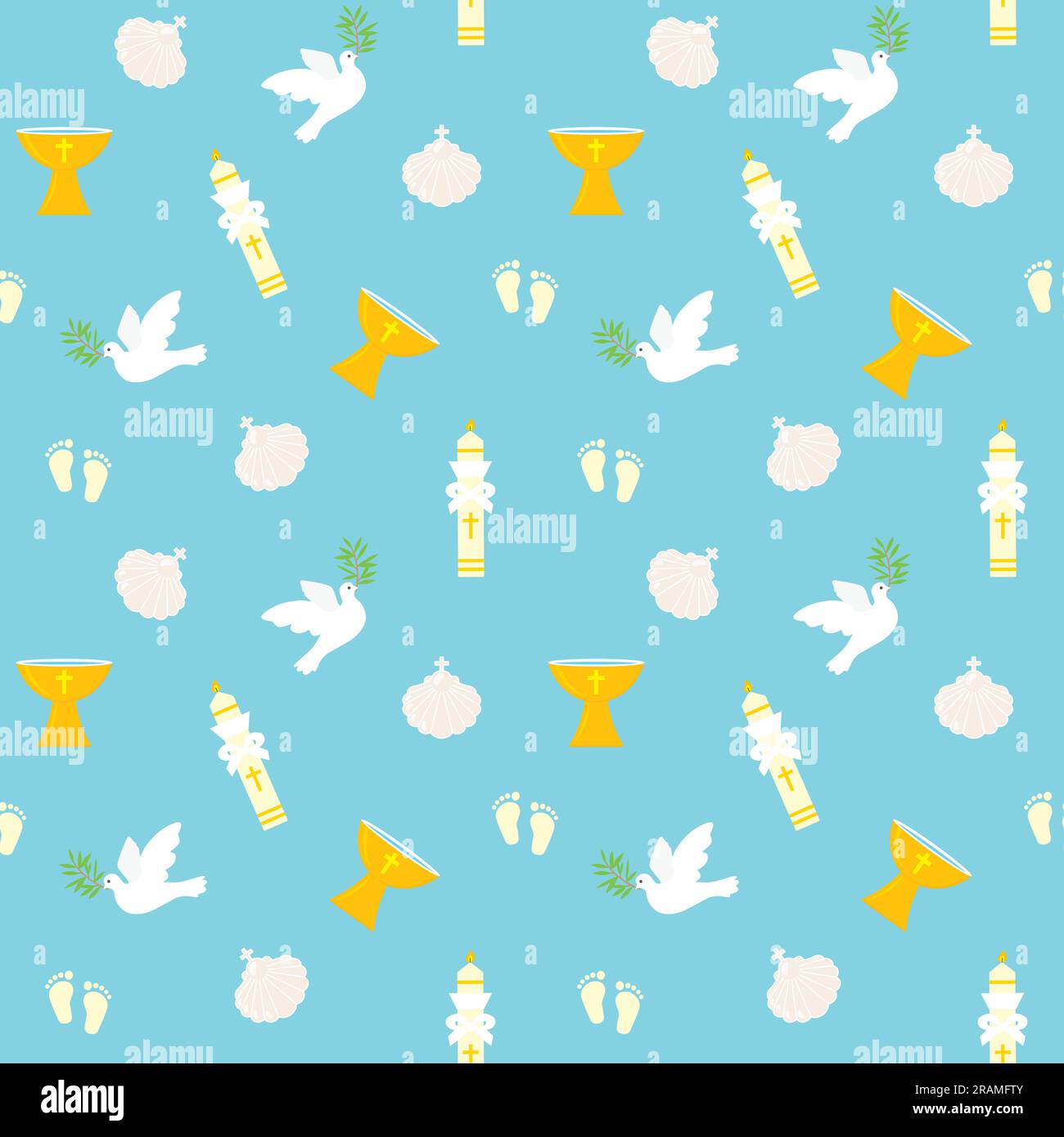 seamless baptism pattern, baby feet, baptismal font, shell, holy dove, and candle, great for