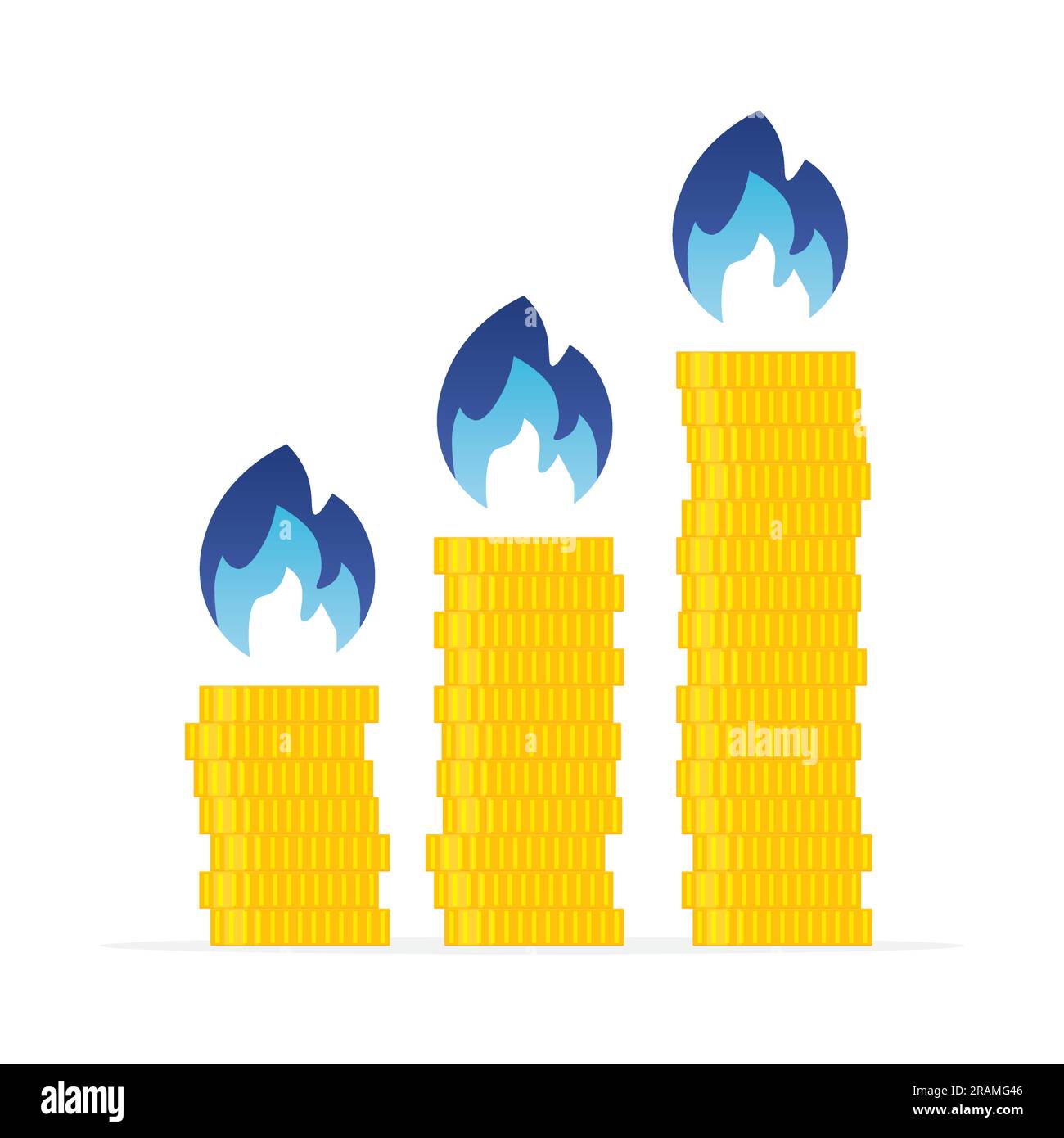 gas flames and growing stack of coins, rising gas prices concept