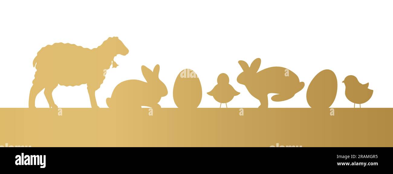 golden banner with easter animals and eggs- vector illustration Stock Vector