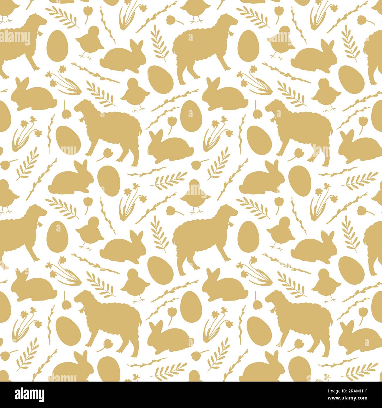 golden seamless easter pattern with lamb, bunny, eggs, baby chicken, and floral elements-vector illustration Stock Vector