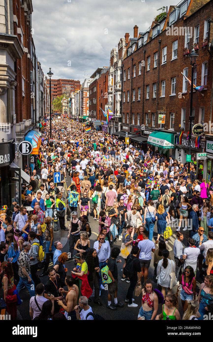 General view of the crowds in Old Compton Street during Pride in London Stock Photo