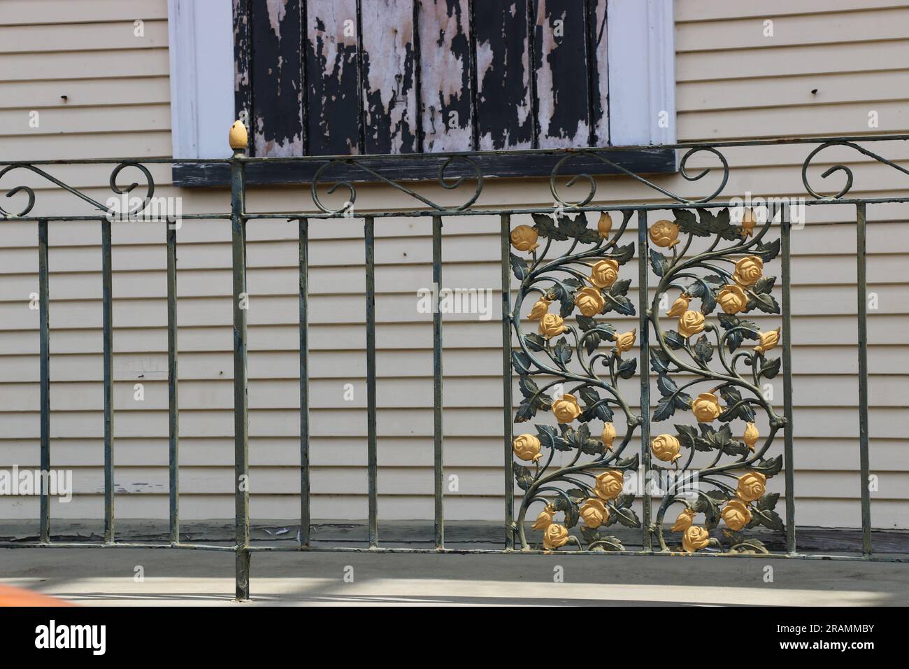 Intricate wrought iron railing with entwined roses in the French Quarter, New Orleans. Stock Photo
