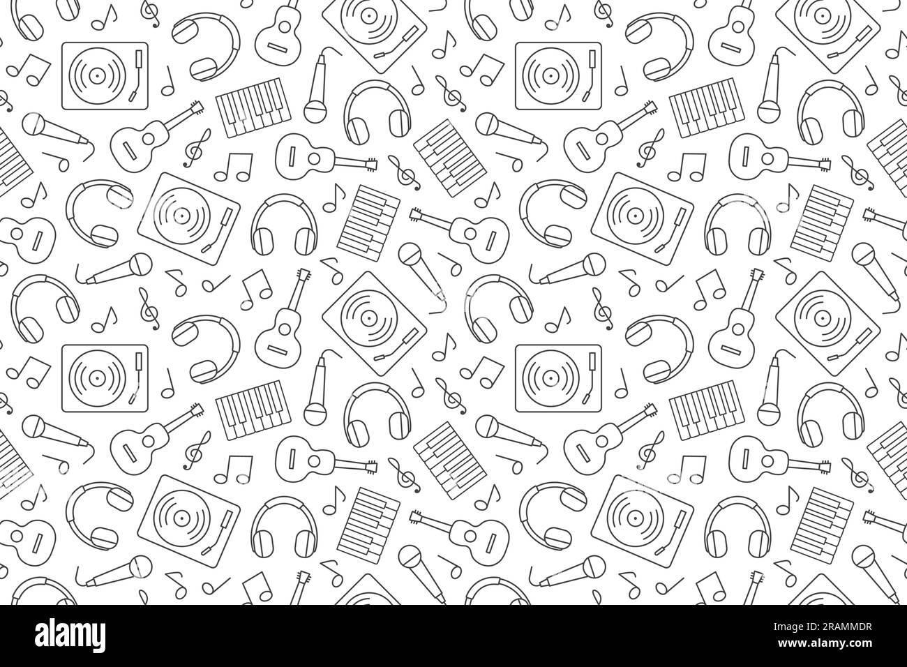 seamless music pattern: headphones, music notes, guitar, gramophone, microphone and piano keys, great for wrapping, textile, wallpaper, greeting card- Stock Vector