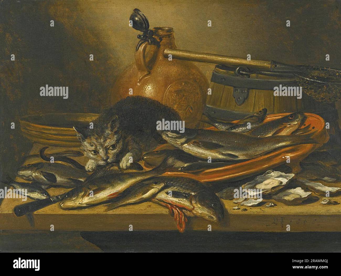 A Still Life of Fresh Water Fish with a Cat a Bartmannkrug a Barrel and