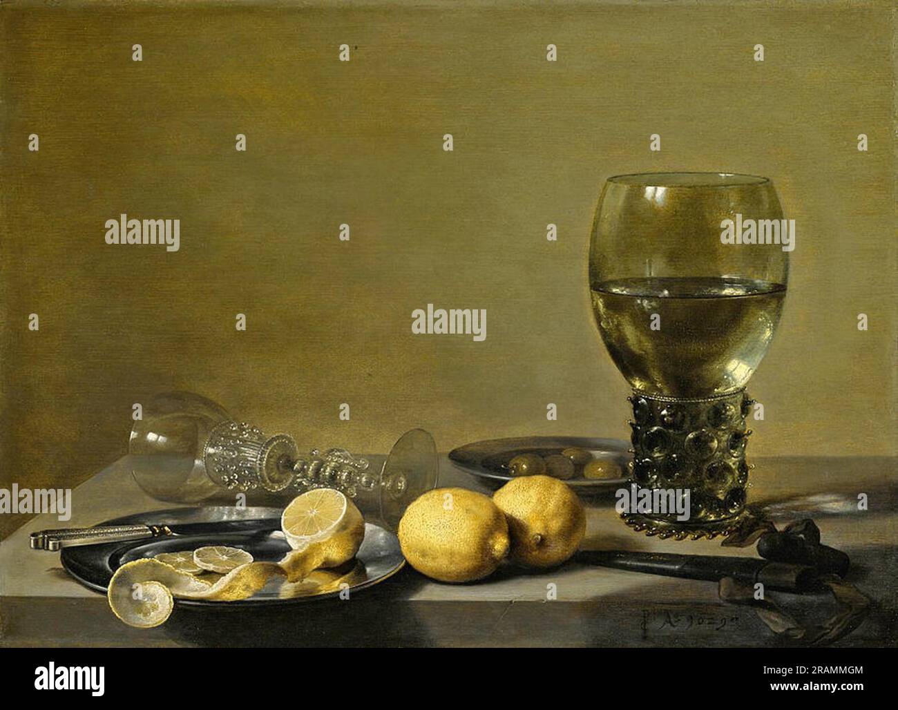 Still Life of Lemons and Olives Pewter Plates a Roemer and a Facon De ...
