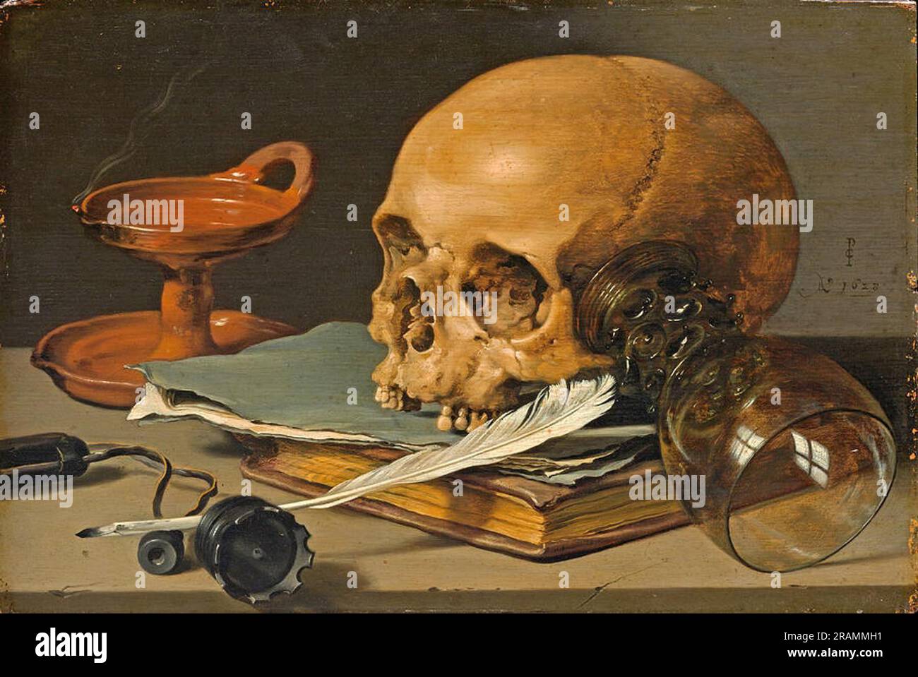 Still Life. Skull and Writing Quill 1628 by Pieter Claesz Stock Photo