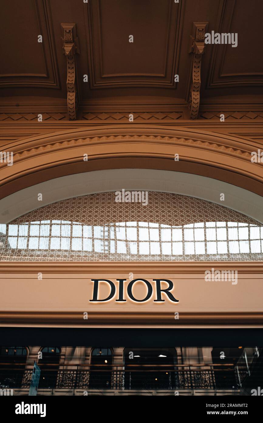 Classy aesthetic Dior logotype.Boutique entrance. Dior is a fashion house founded in Paris specialized in haute couture and luxury goods Stock Photo