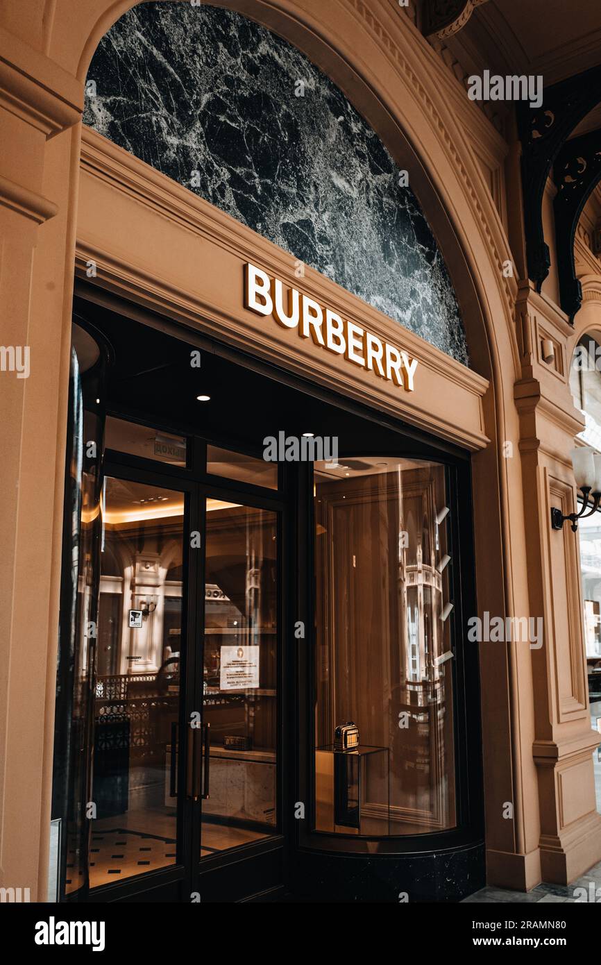 Brown classic historical facade of Burberry boutique. Burberry is a British luxurious clothing brand Stock Photo