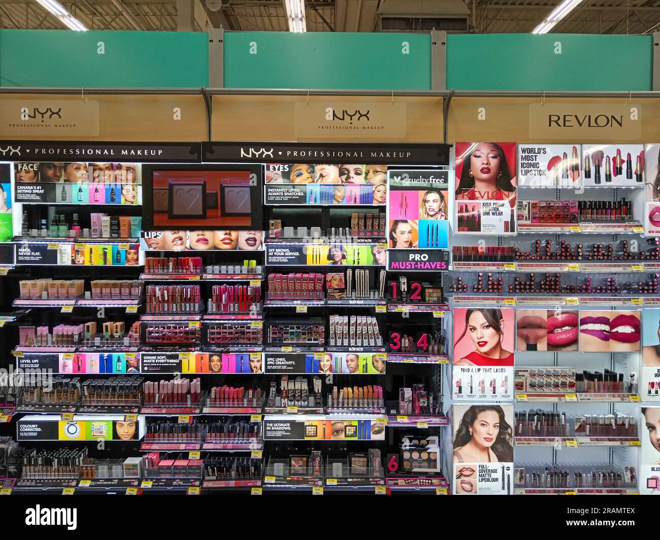 Penticton, British Columbia, Canada - June 7, 2023: Interior view of the cosmetics department in Walmart located in Penticton, British Columbia, Canad Stock Photo