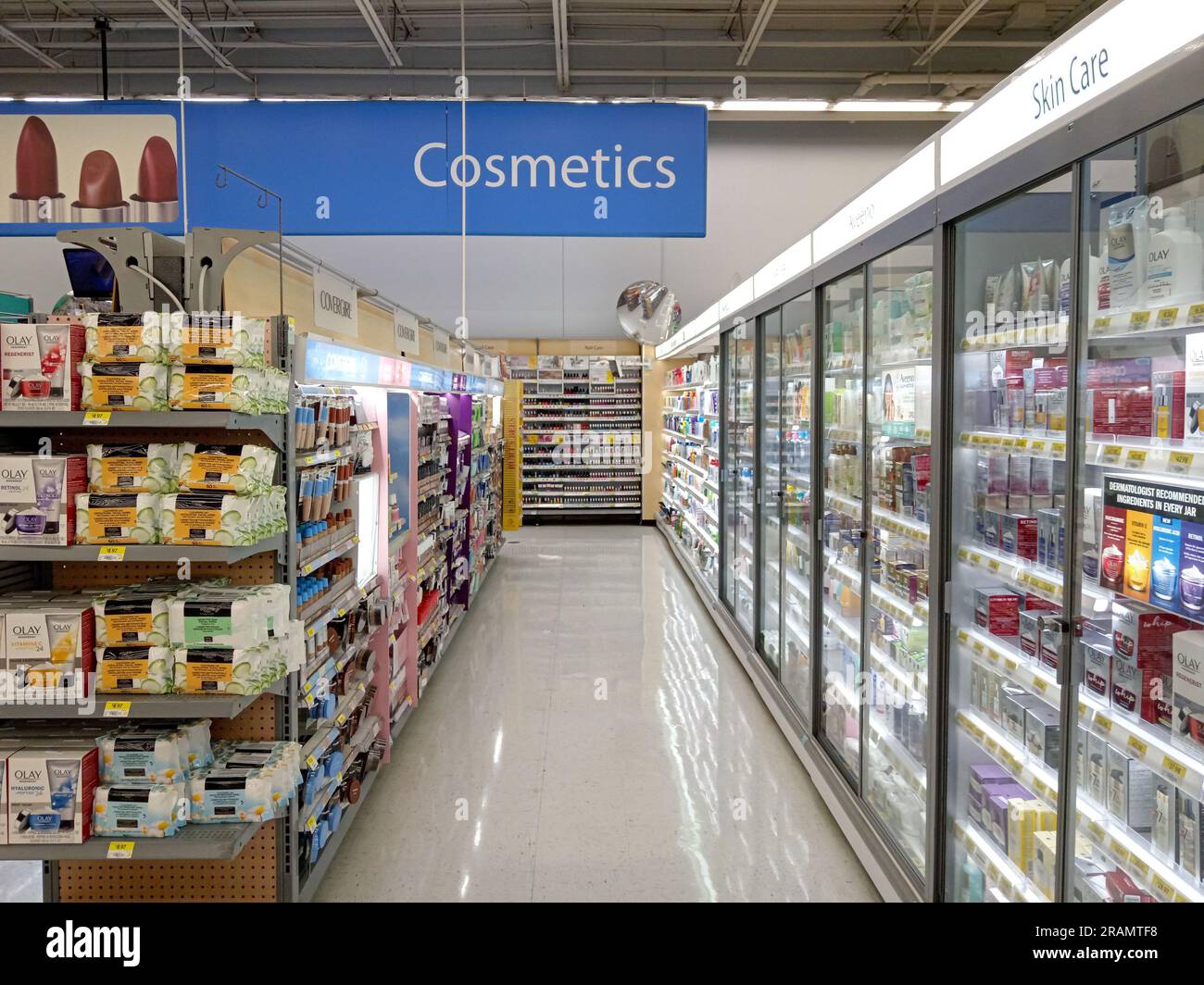 Penticton, British Columbia, Canada - June 7, 2023: Interior view of the cosmetics department in Walmart located in Penticton, British Columbia, Canad Stock Photo