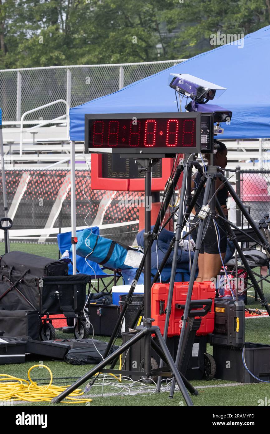 Track and field timing clock area and setup during a track meet. Stock Photo