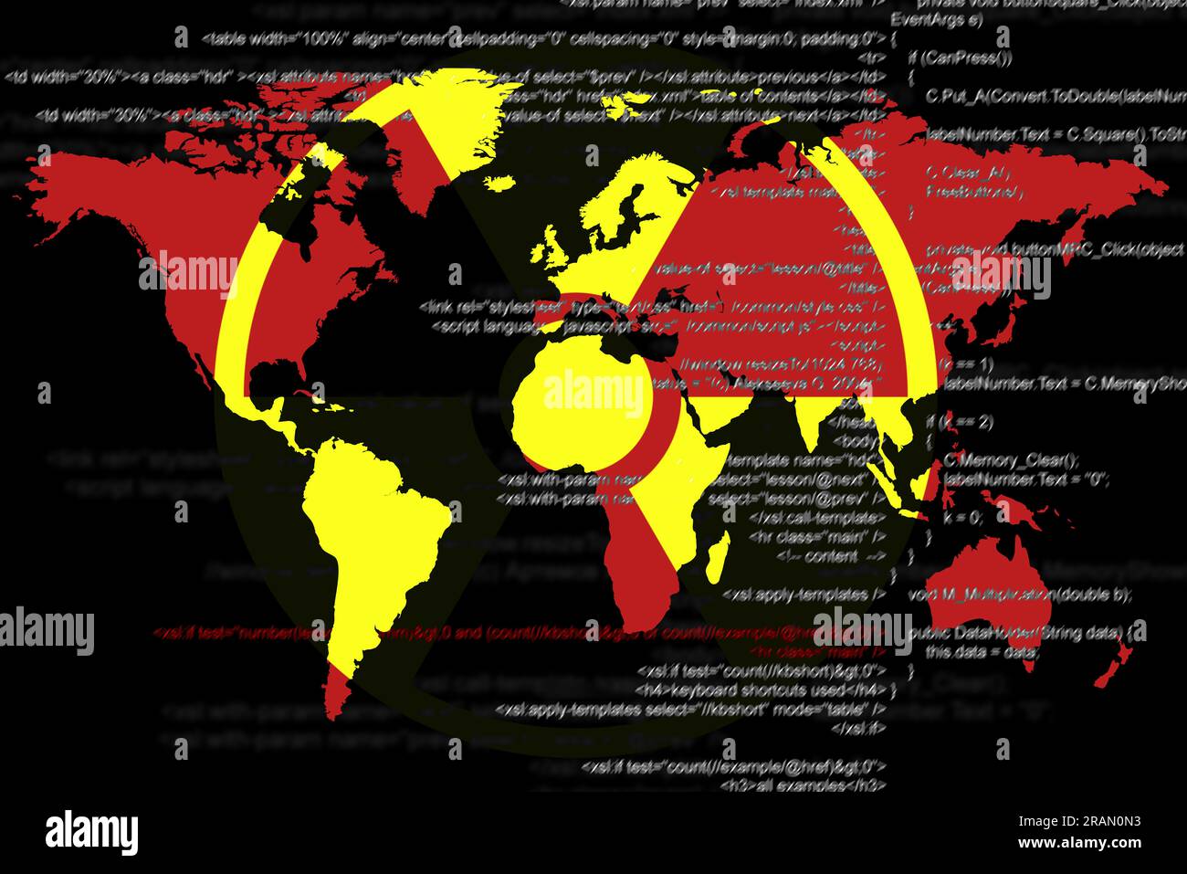 Nuclear deterrence. Warning radiation symbol, world map and source code ...