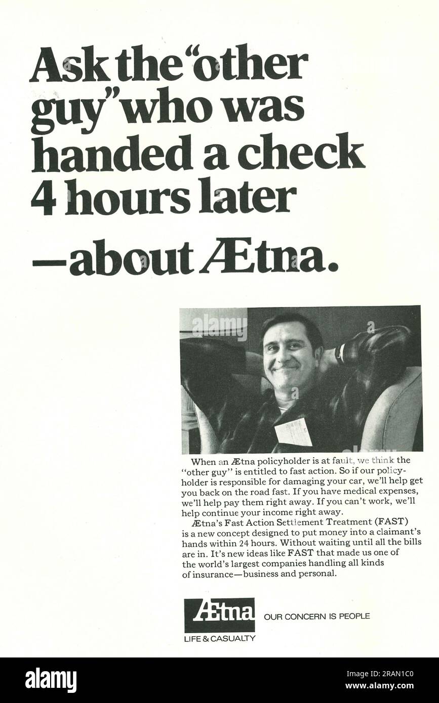 Aetna insurance company advert in a magazine 1969 Stock Photo Alamy