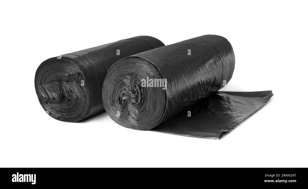 Rolls of black garbage bags isolated on white Stock Photo - Alamy
