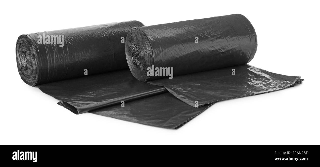 Rolls of black garbage bags isolated on white Stock Photo - Alamy