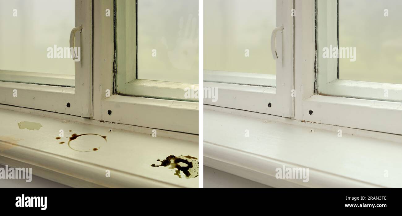 Collage with photos of window sill before and after cleaning Stock ...