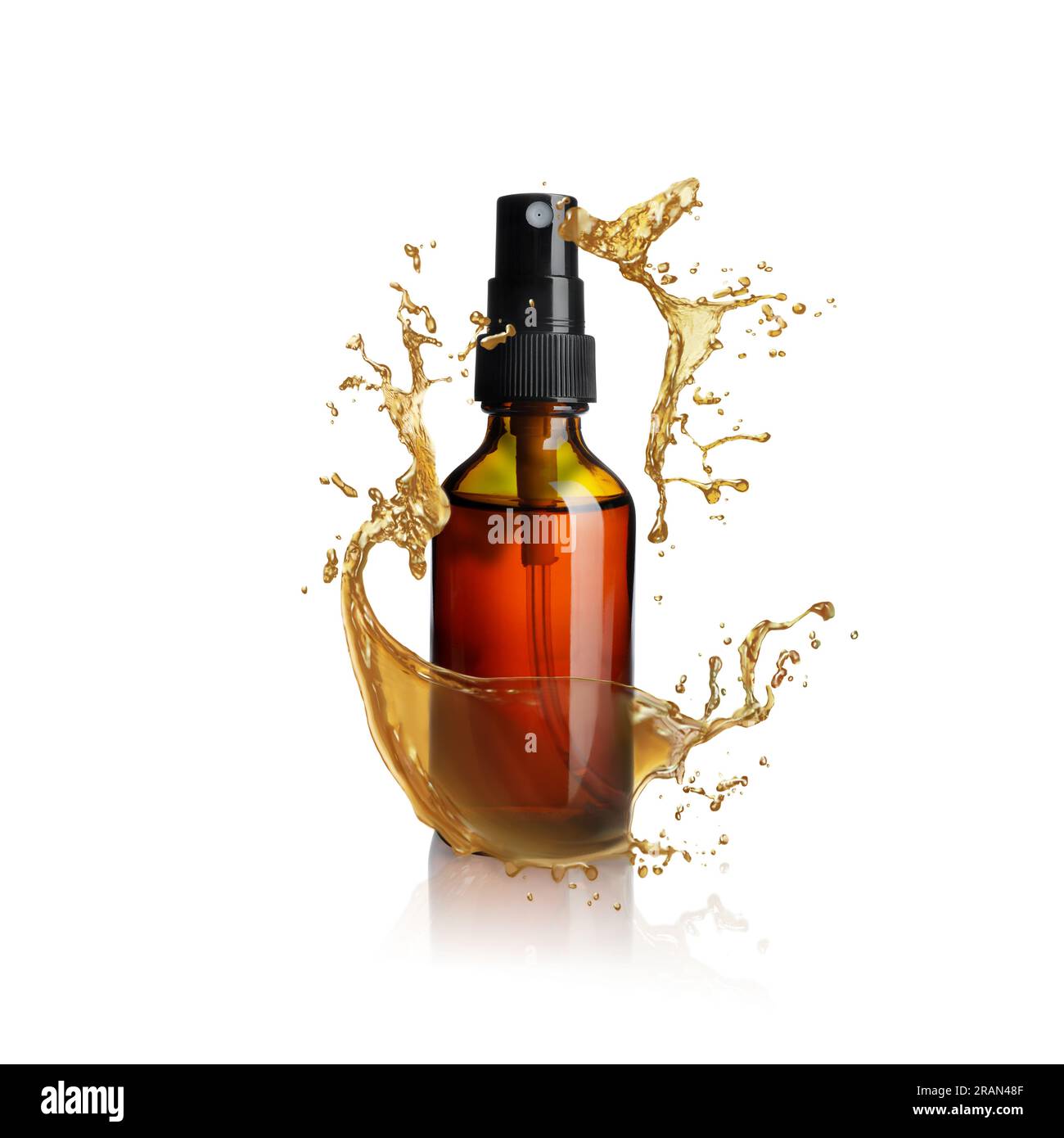 Bottle of cosmetic product with essential oil and splashes around on white background Stock Photo