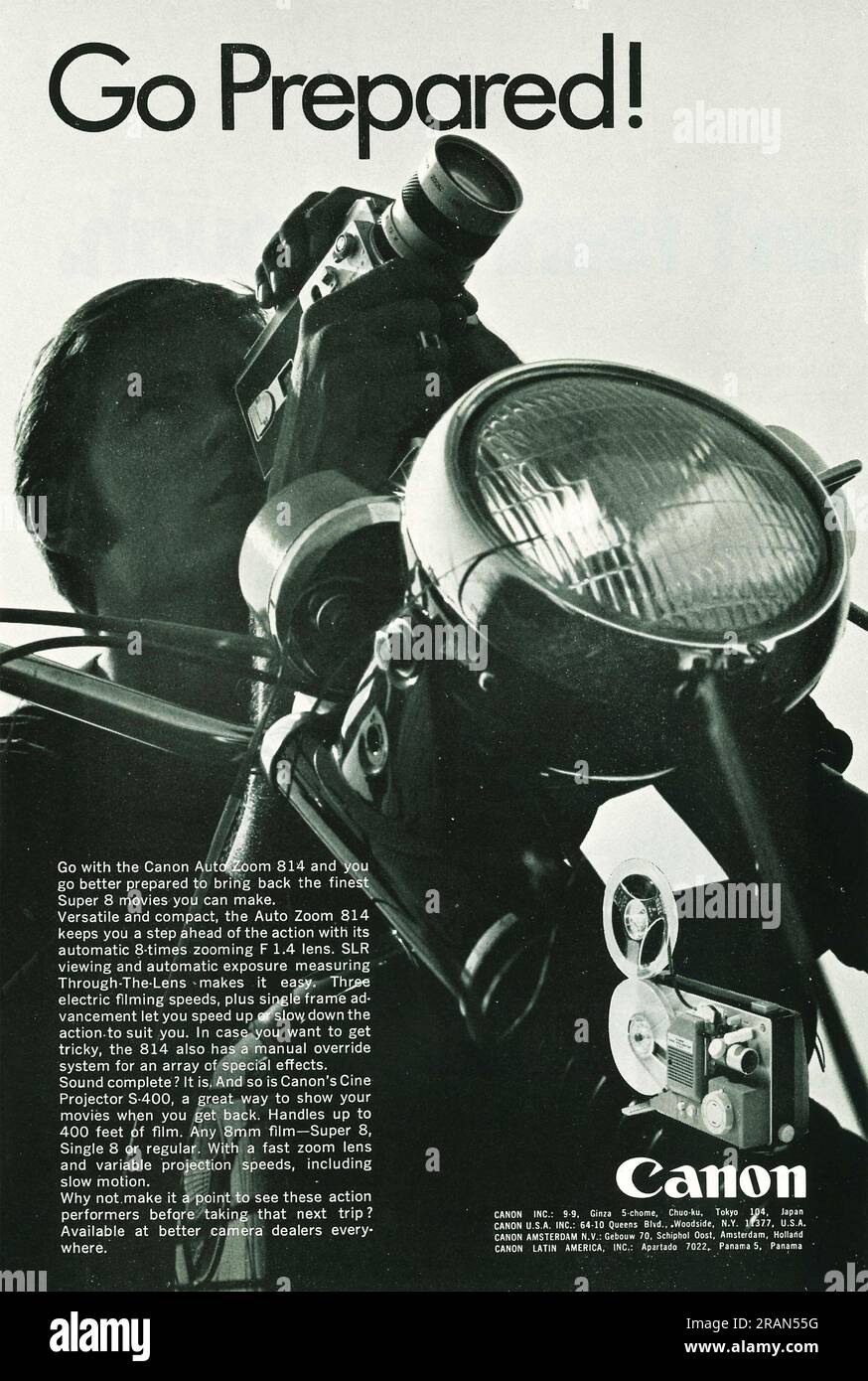 Canon Auto zoom 814, Canon Super 8 mm camera advert in a magazine 1969 Stock Photo
