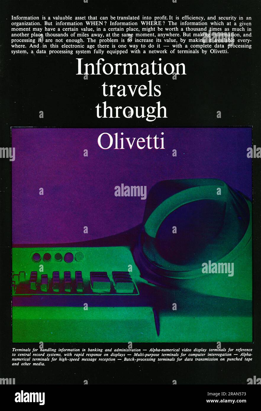 Olivetti alpha-numerical video display terminal, multi-purpose terminals for computer interrogation advert in a magazine 1969 Stock Photo