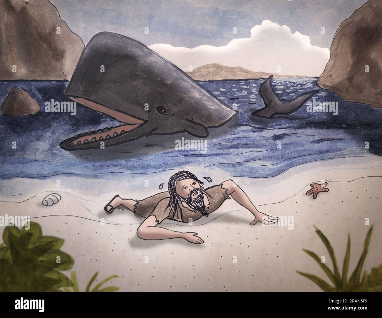 From the Bible story, Jonah washes ashore after having spent 3 days in the belly of the whale. Stock Photo