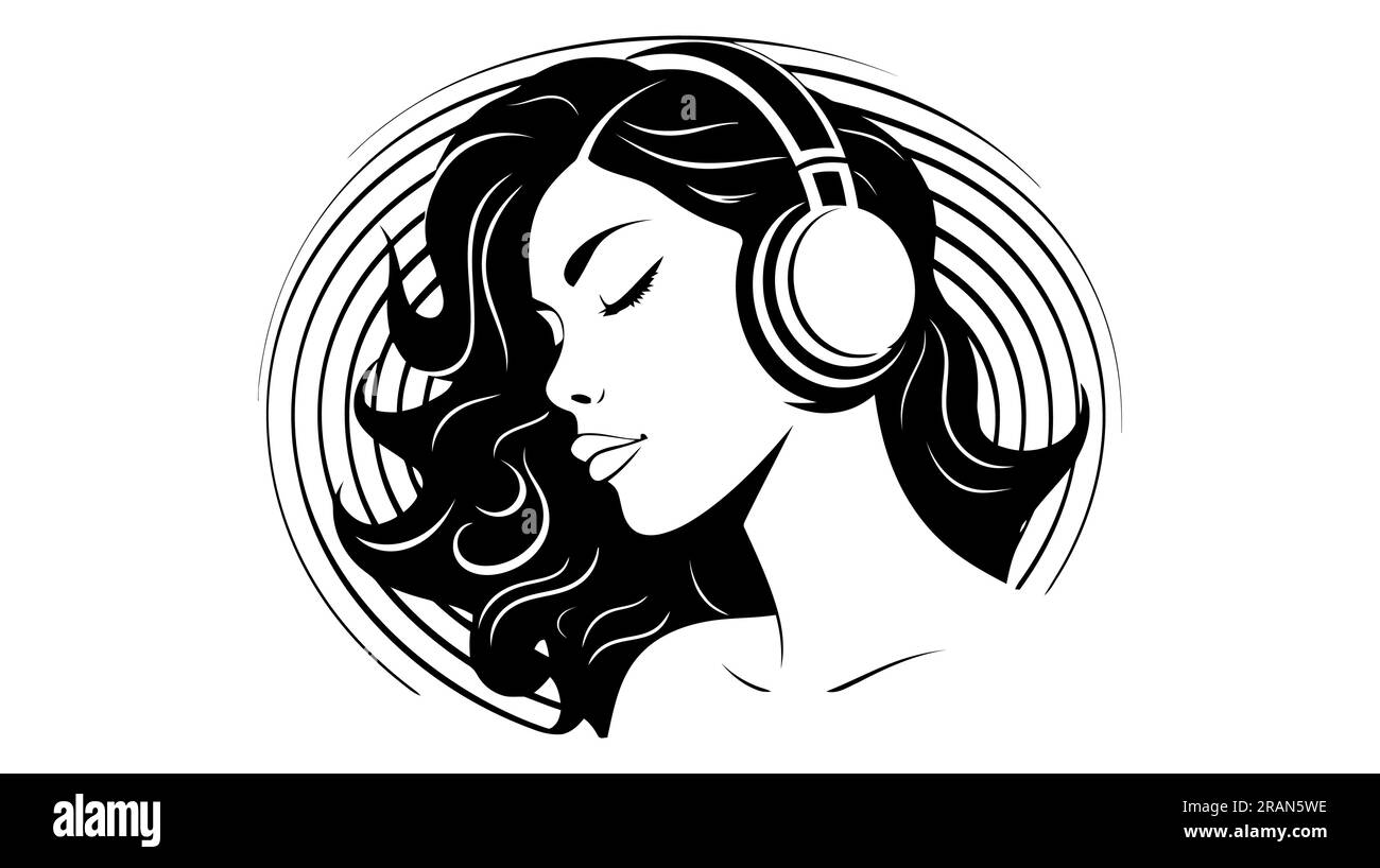 The girl logo. Black silhouette of girl listens to music on headphones