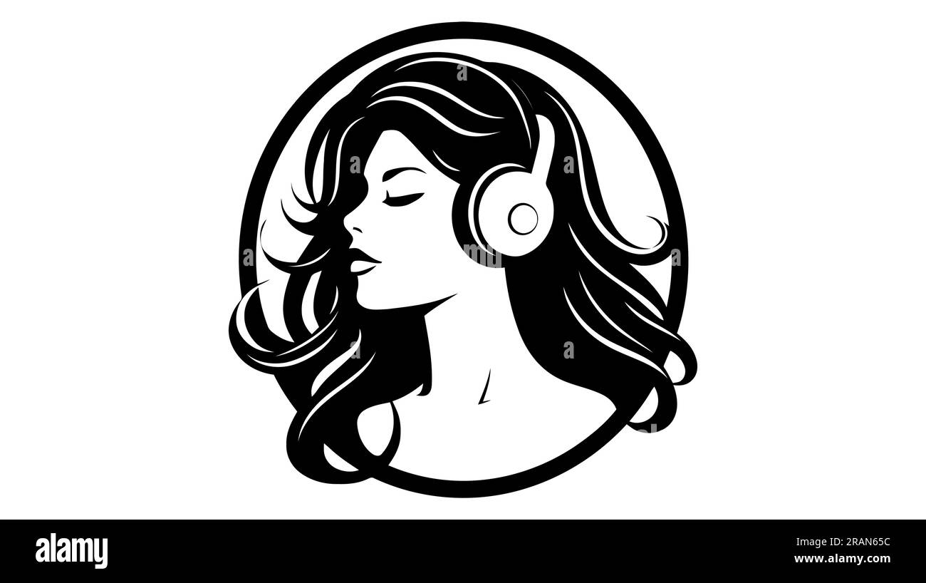 The girl logo. Black silhouette of girl listens to music on headphones