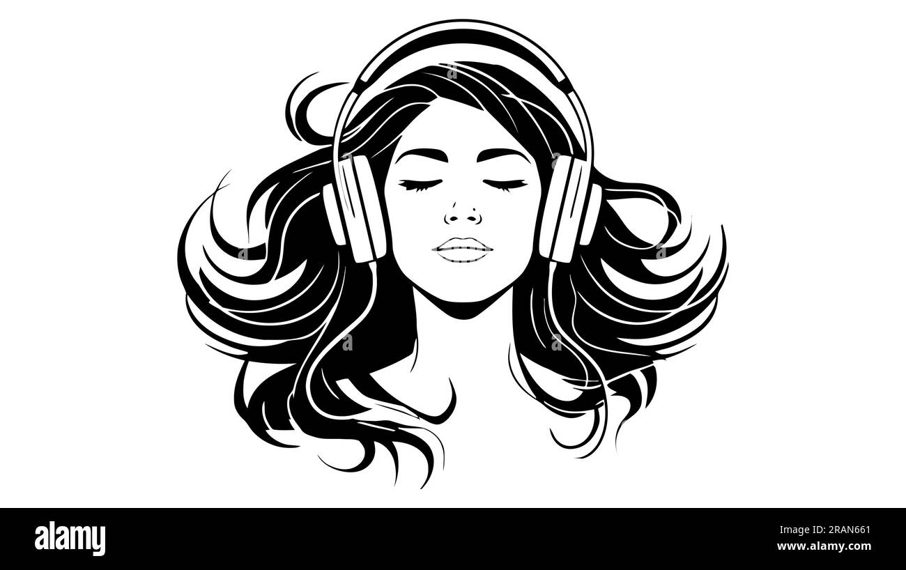 The girl logo. Black silhouette of girl listens to music on headphones