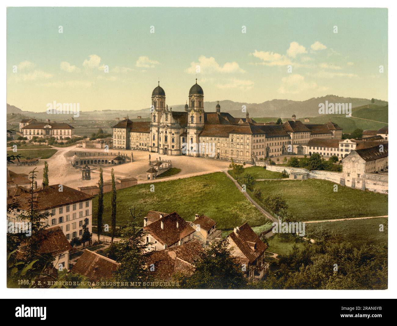 Einsiedeln Abbey and schoolhouse, Einsiedeln, Schwyz, Switzerland 1890. Stock Photo