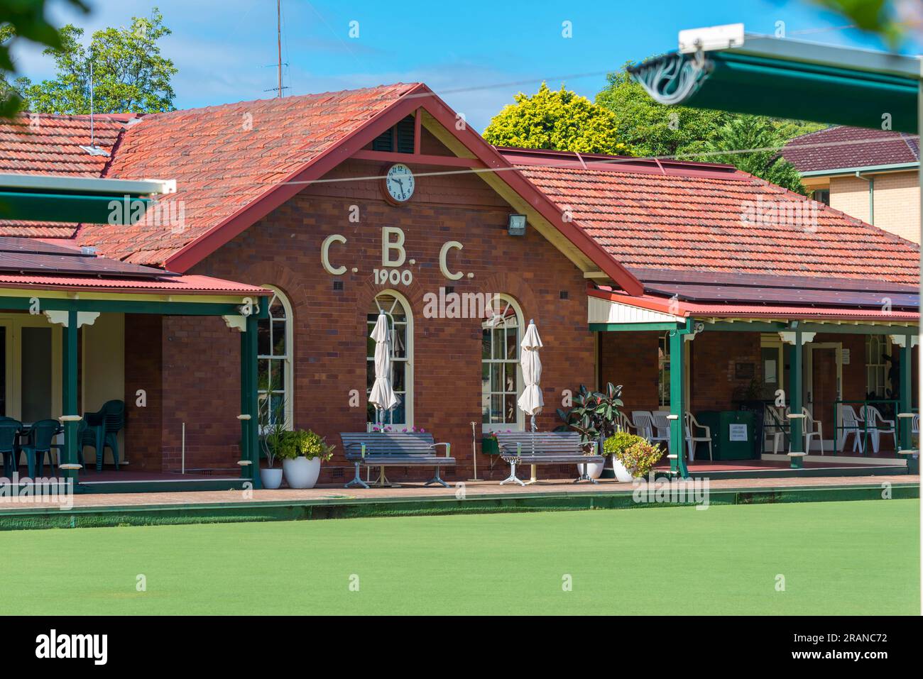 The club house and bowling green of the Chatswood Bowling (lawn bowls) Club in Sydney, New South Wales, Australia Stock Photo