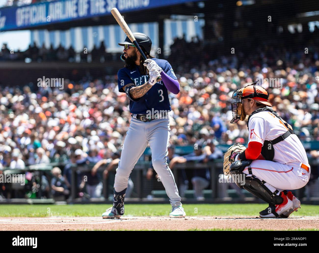 July 04 2023 San Francisco CA, U.S.A. Seattle shortstop J.P. Crawford (3) up at bat during the MLB game between the Seattle Mariners and the San Francisco Giants at Oracle Park San Francisco Calif. Thurman James/CSM Stock Photo