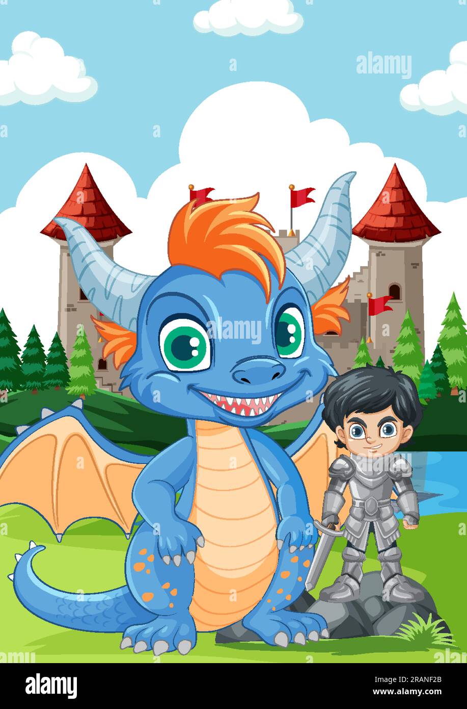 Cute Dragon with Knight Standing in Front of Castle illustration Stock ...